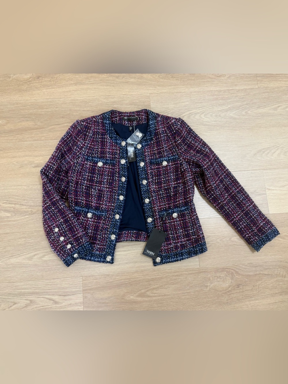 NWT White House Black Market Burgundy & Navy Tweed Pearl-Trim Jacket